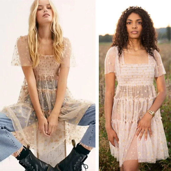 Free People Starry Sheer Mini Dress in Gold and Cream - Picture 1 of 10